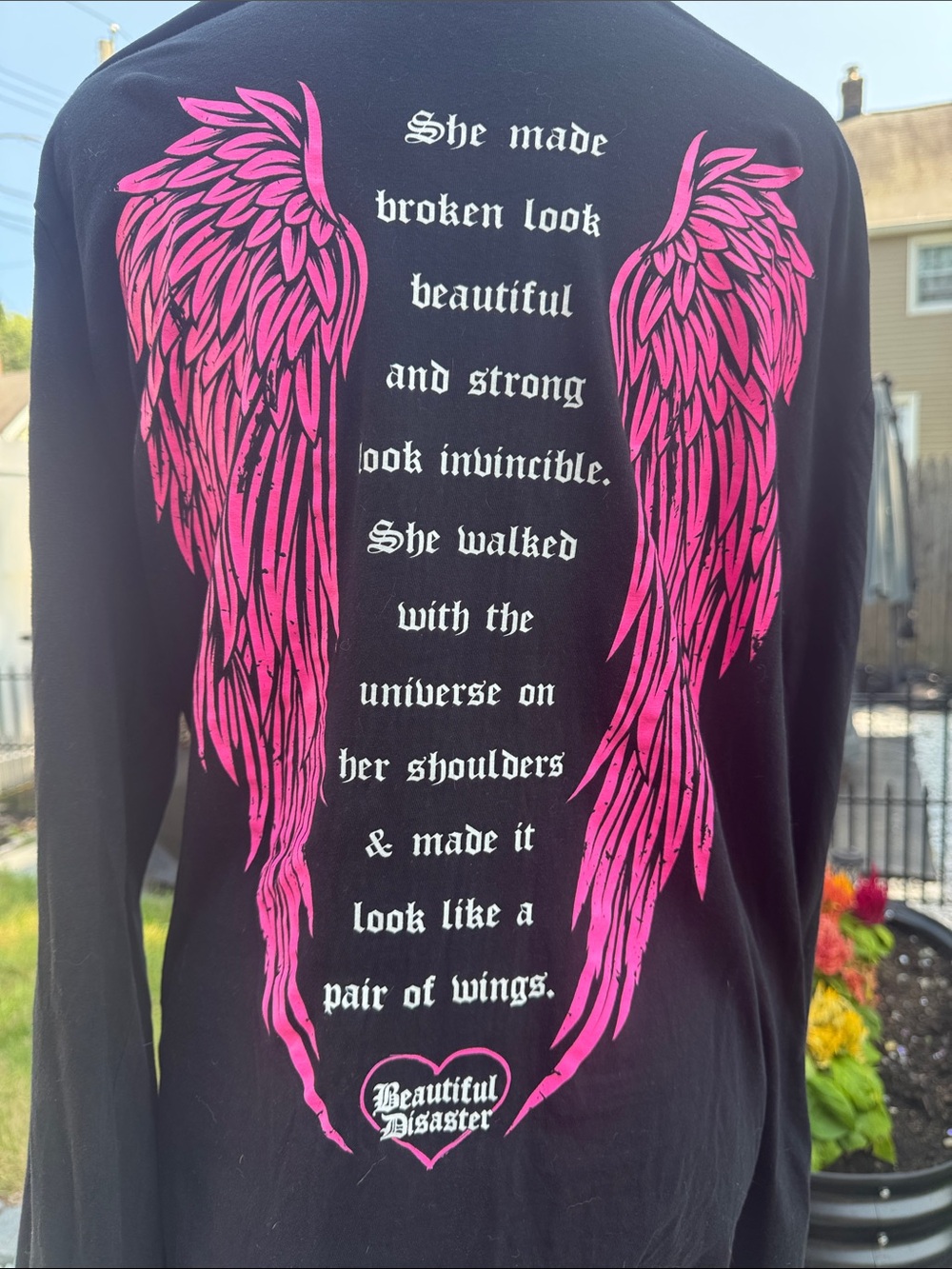Beautiful Disaster Black Long Sleeve Tee with Pink Wing Heart - Picture 7 of 9